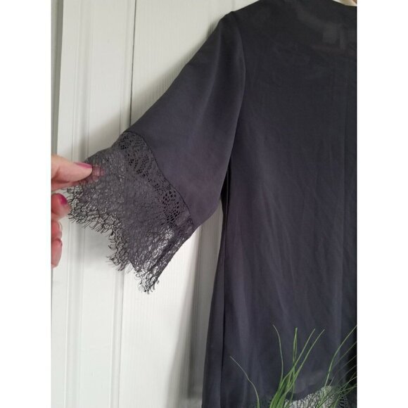 Divided H&M Gray Sheer Open Front Jacket/Cardigan Lace Trim 3/4Sleeve Size 4 - Picture 2 of 7